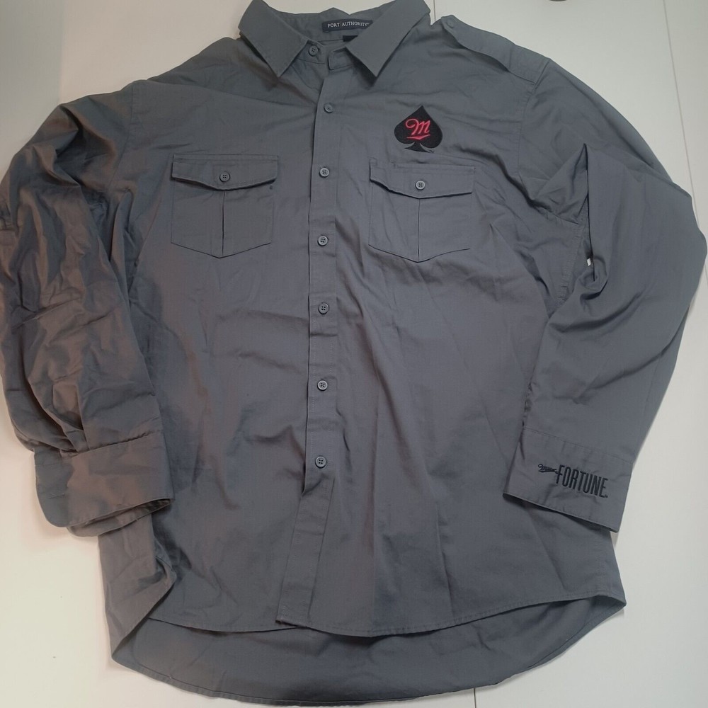 Mens XL Miller Beer Fortune Spade Logo Button Up Grey Roll Up Sleeves Highlife